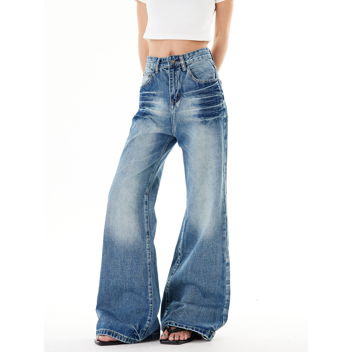 SREK美式复古低腰水洗阔腿高街微喇牛仔裤女秋季宽松休闲长裤子,淘宝优惠券,粉丝福利购,淘宝优惠卷