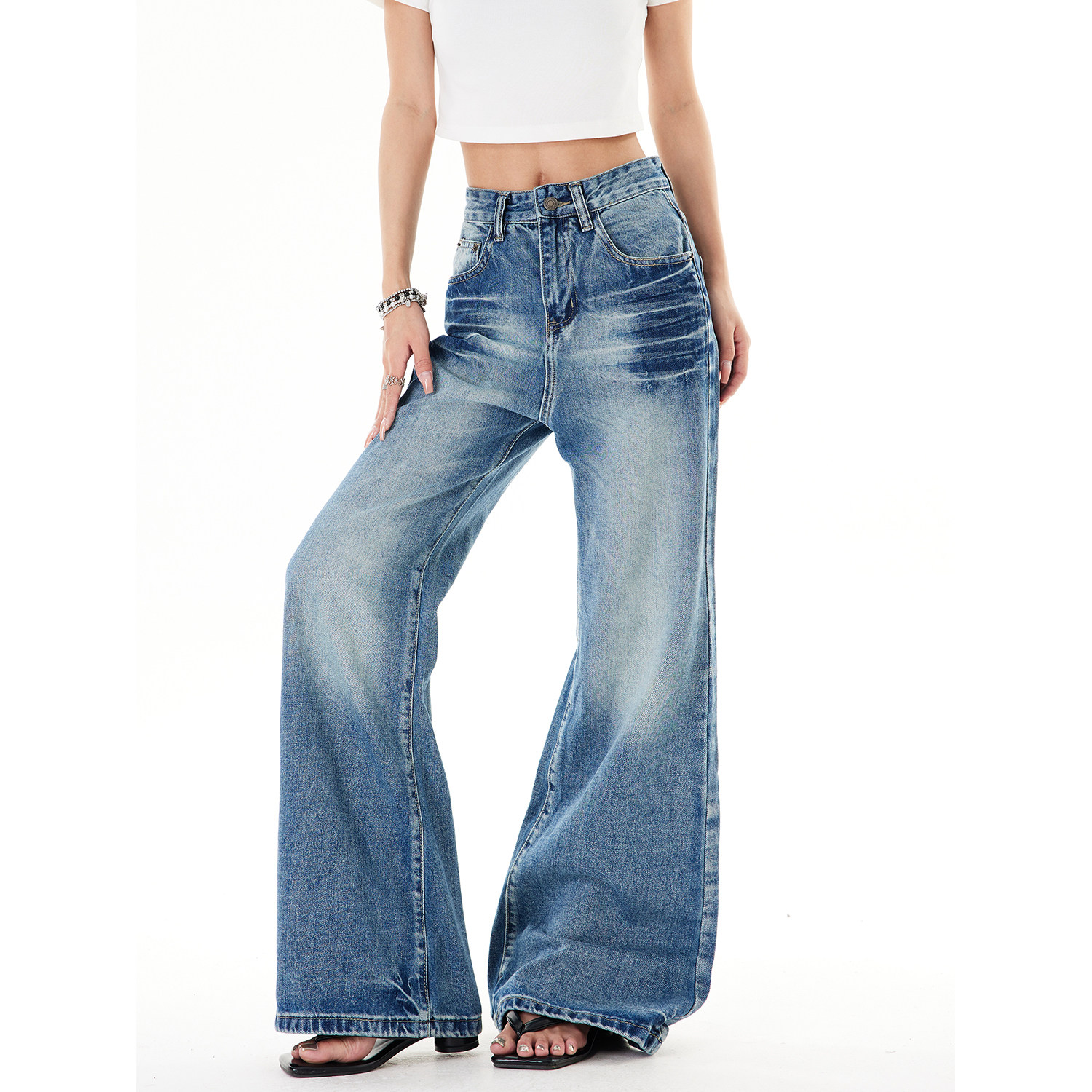 SREK美式复古低腰水洗阔腿高街微喇牛仔裤女秋季宽松休闲长裤子,淘宝优惠券,粉丝福利购,淘宝优惠卷