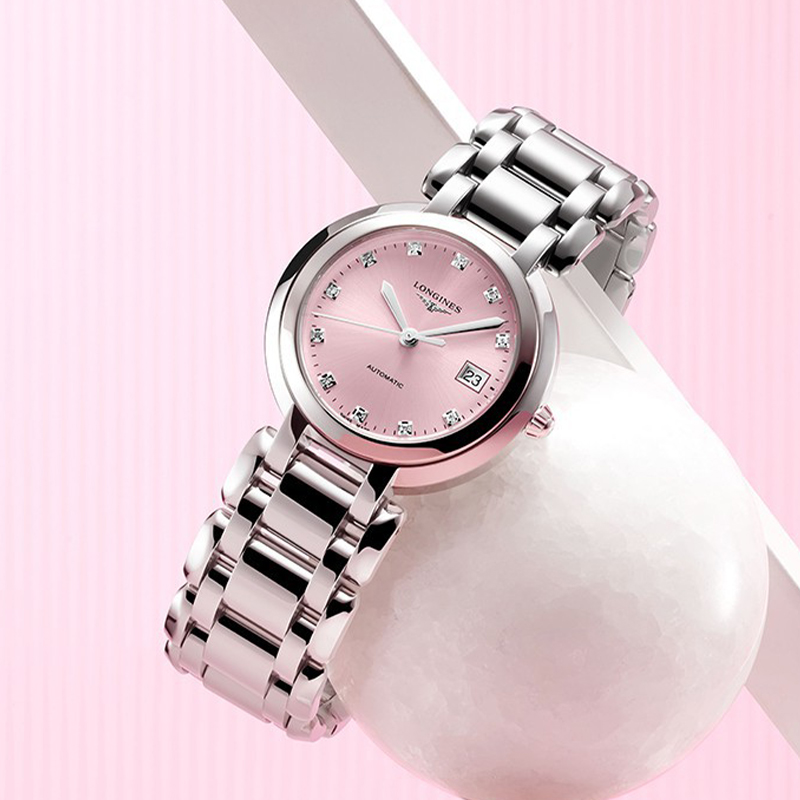 新款浪琴Longines手表心月系列粉色镶钻钢带女表L8.113.4.99.6