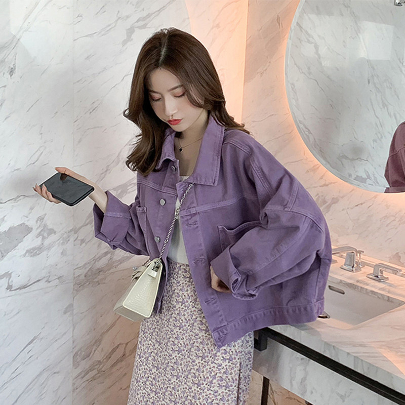 2020秋季新款紫色牛仔短款宽松夹克 翠爵服饰短外套