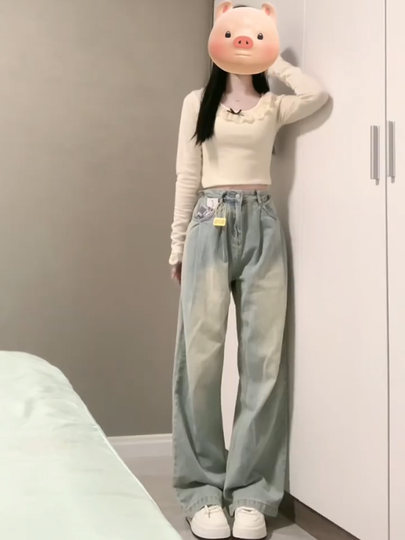 American style light color wide leg jeans for women spring and autumn new style