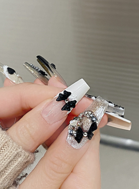 美甲饰品钻批发黑色合金小香风指尖龙心蝴蝶结小领结磨砂指甲装饰