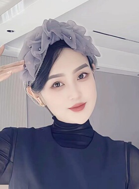 甜美可爱蝴蝶结包头帽女洋气百搭薄款黑色帽子日常褶皱发带帽网帽