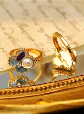 油画系列国潮风珐琅四叶草指环