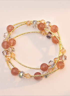 铜镀金多圈草莓晶手链粉水晶手串