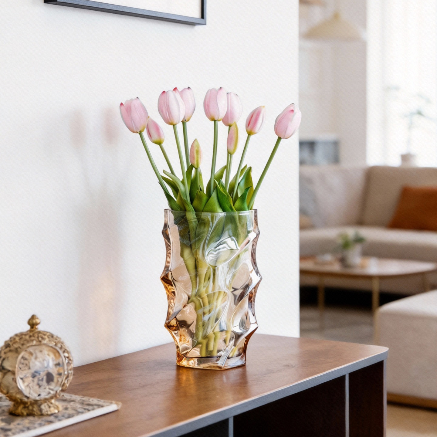 轻奢欧式透明玻璃花瓶黄色郁金香餐桌装饰摆件时尚晚宴风花艺,淘宝优惠券,粉丝福利购,淘宝优惠卷