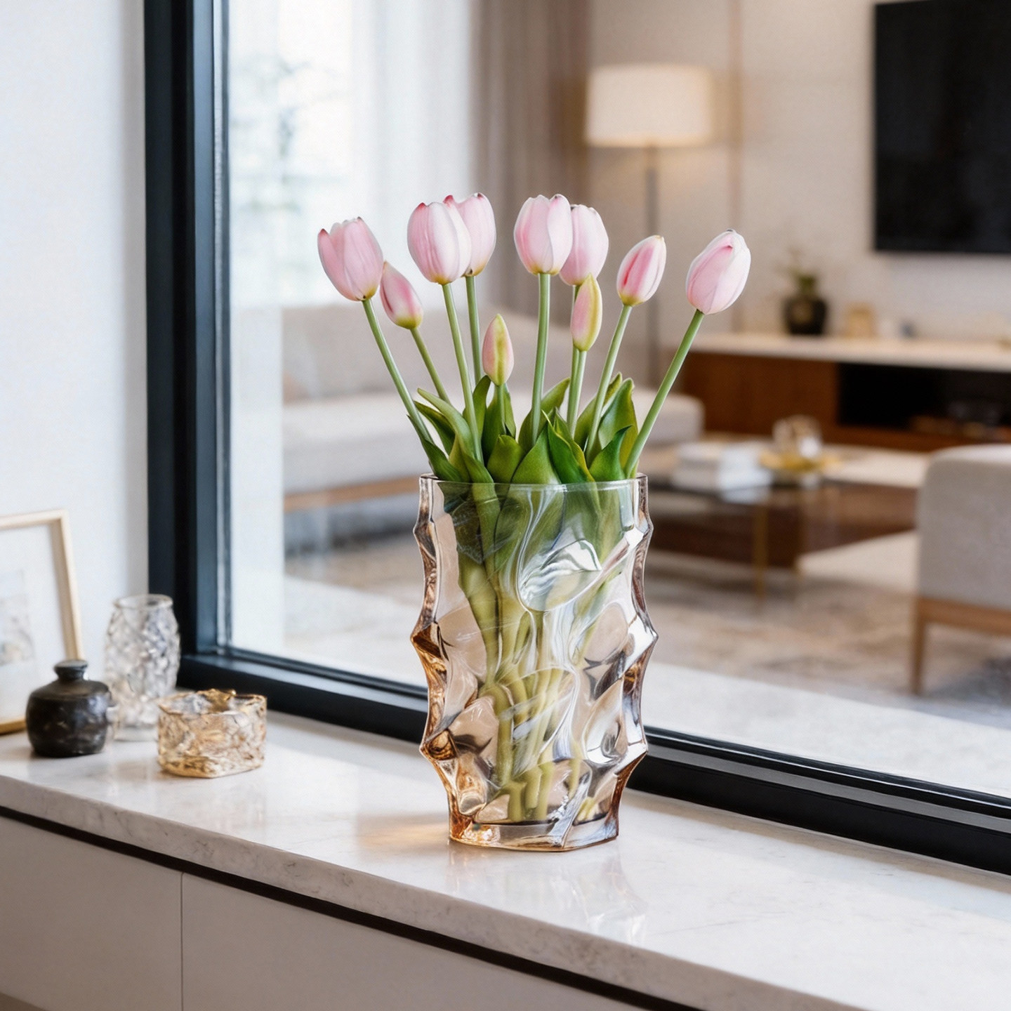 轻奢欧式透明玻璃花瓶黄色郁金香餐桌装饰摆件时尚晚宴风花艺,淘宝优惠券,粉丝福利购,淘宝优惠卷