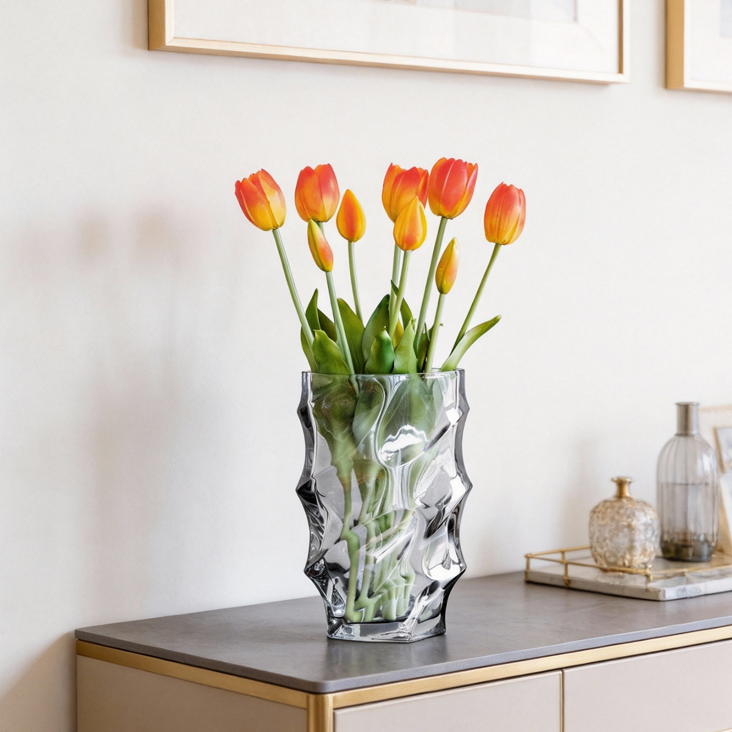 轻奢欧式透明玻璃花瓶黄色郁金香餐桌装饰摆件时尚晚宴风花艺,淘宝优惠券,粉丝福利购,淘宝优惠卷