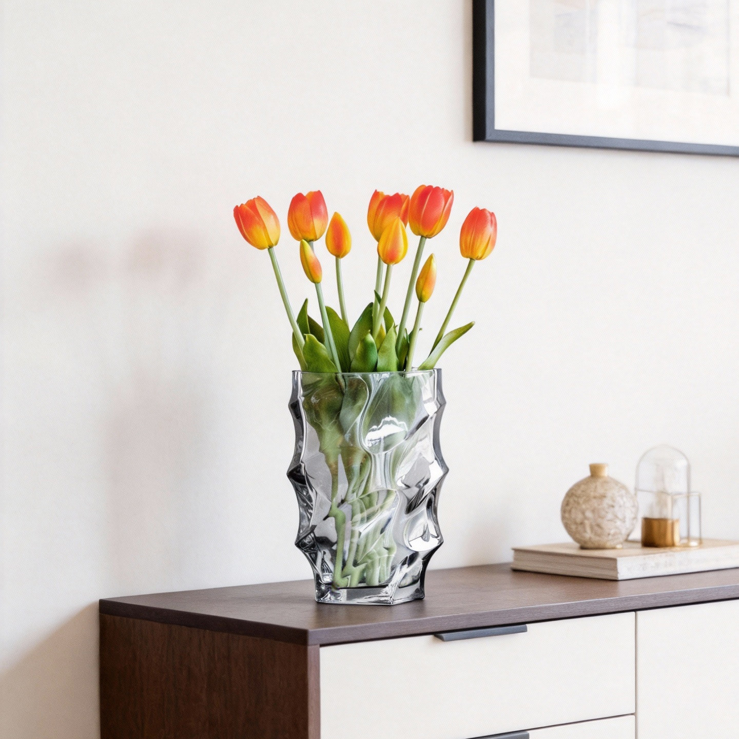 轻奢欧式透明玻璃花瓶黄色郁金香餐桌装饰摆件时尚晚宴风花艺,淘宝优惠券,粉丝福利购,淘宝优惠卷