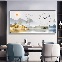 Perpetual Calendar New Chinese Restaurant Decoration Painting Clock Hanging Clock Living Room Home Table Hanging Wall Electronic Bell Clock Landscape Painting