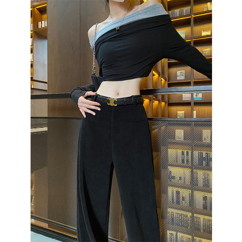 黑色阔腿裤女秋冬加绒加厚高腰针织雪尼尔灯芯绒休闲直筒西装裤子 - 图1