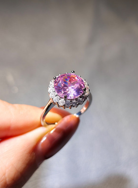 直播货源圆形满钻大颗粒蓝石粉钻戒指女轻奢时尚仿坦桑石开口指环