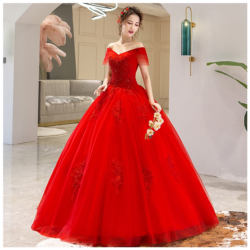 孕妇2020新款夏韩版一字肩红色婚纱 唯计服饰婚纱