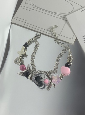 满五送一 原创DIY辣妹y2k蓝粉透爱心蝴蝶结双层五角星串珠手链亚