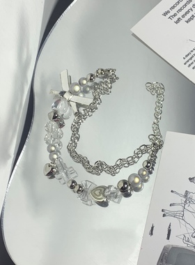 满五送一 原创DIY辣妹y2k千禧甜酷黑粉透珍珠蝴蝶结爱心串珠手链