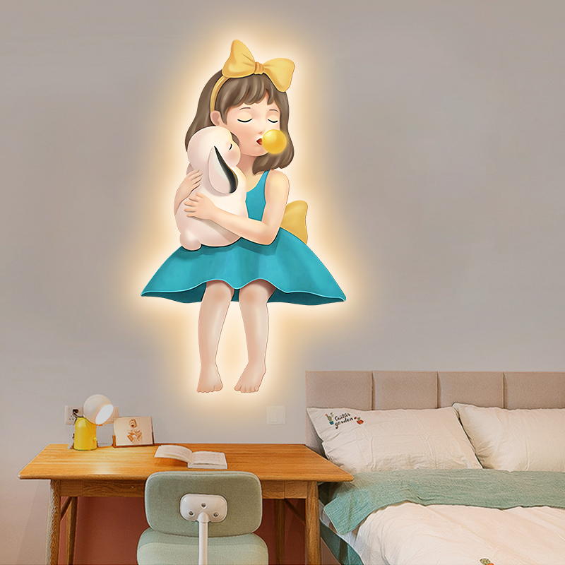 卡通创意儿童房装饰画led灯画简约可爱女孩卧室床头挂画发光壁画 - 图1
