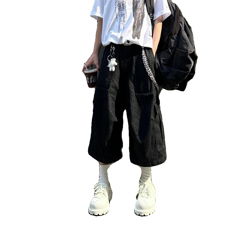 Start美式高街复古水洗大口袋阔腿七分牛仔裤男夏季宽松工装中裤 - 图3