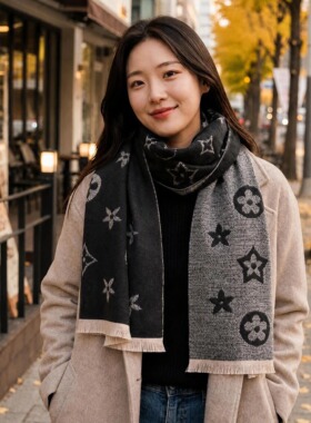 咖色双面提花仿羊绒围巾女
