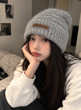 小皮标毛线针织帽女秋冬季加厚
