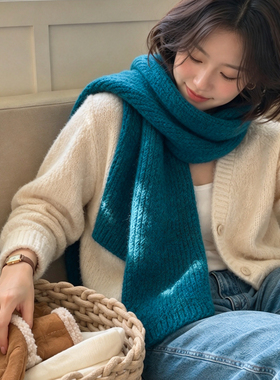 克莱因蓝针织毛线围巾女冬季