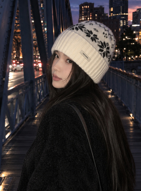 100%纯羊毛圣诞毛线针织帽女秋冬