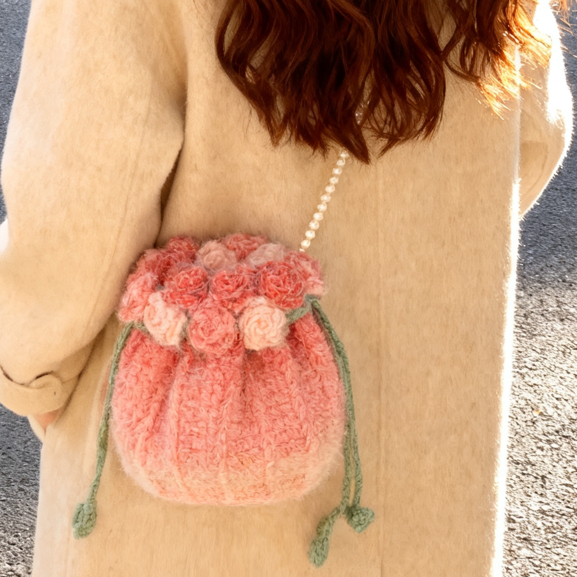 渐变玫瑰花包包毛线手工编织diy材料包水桶束口斜挎包送闺蜜女友 - 图2