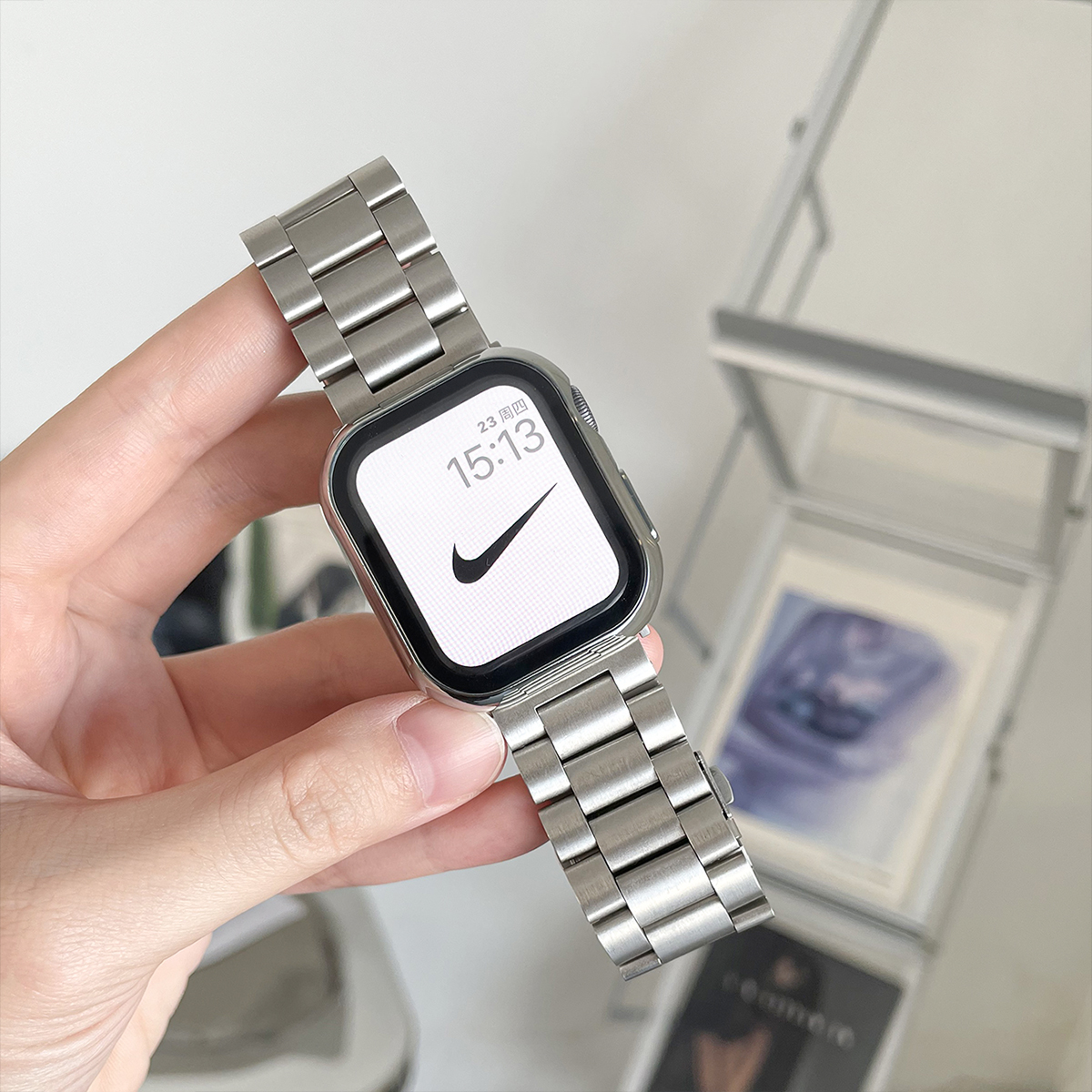 适用苹果手表钢表带apple watch9 8 ultra 2轻薄链式金属表带三珠不锈钢iwatch商务S7表带2/3/4/5/6 SE代男女-图0