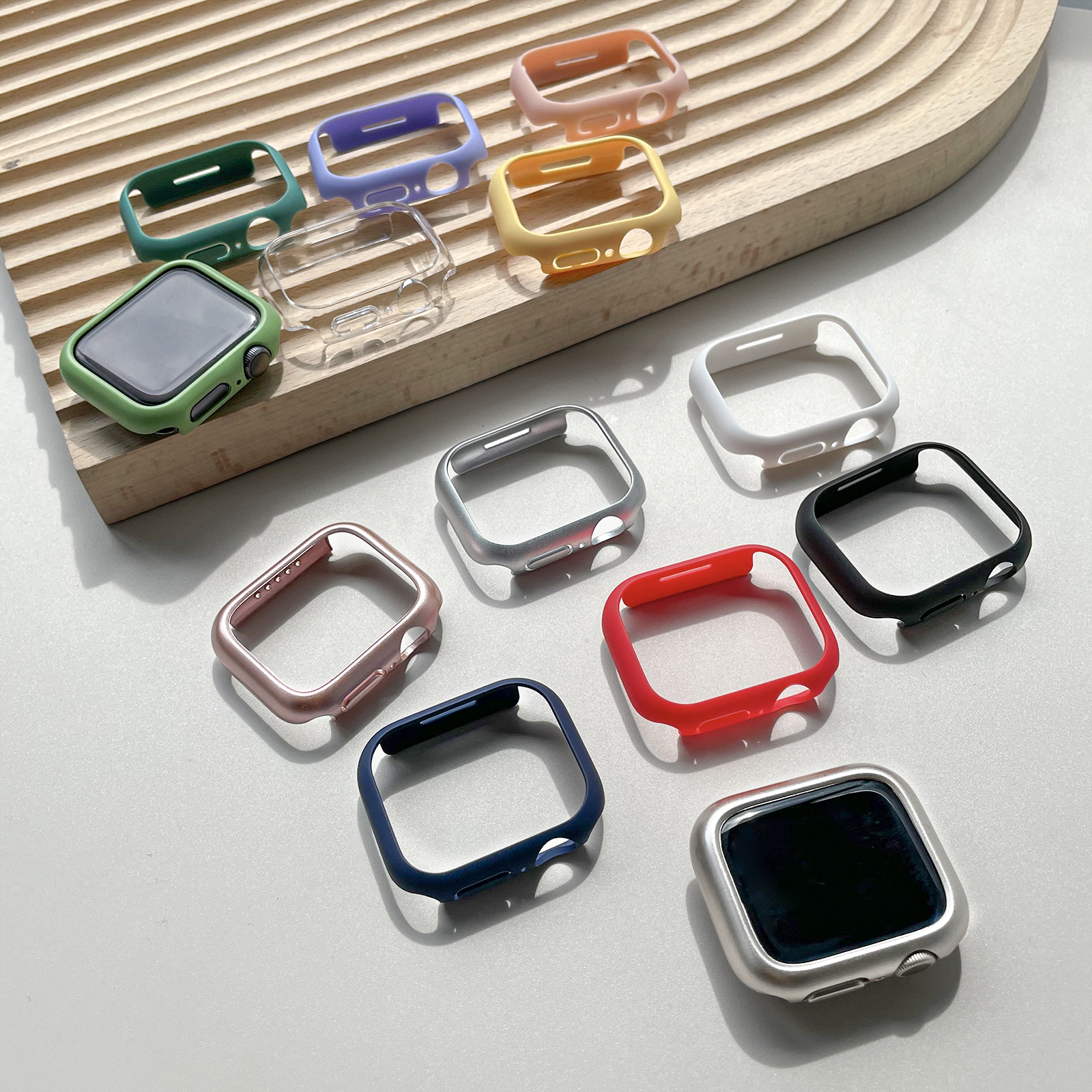 适用Apple Watch苹果手表S9保护壳iWatch8/7/6/5/SE彩色保护套透明硬边框表套S8超薄糖果45/41mm星光色-图0