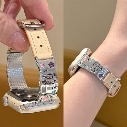 适用applewatchS12彩石水钻猫咪小牛皮细款表带iwatch11/10/9/8/SE手镯款小蛮腰苹果手表皮拼金属可爱腕带女 - 图2