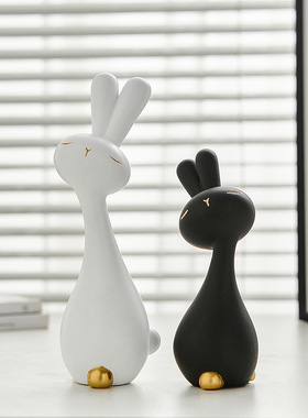 现代简约艺术黑白兔子桌面小摆件树脂工艺品客厅办公室电视柜装饰