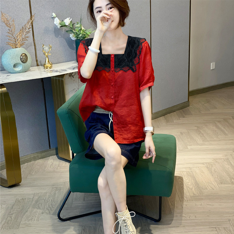 棉麻方领红色女短袖宽松高端衬衫 秋寸衬衫
