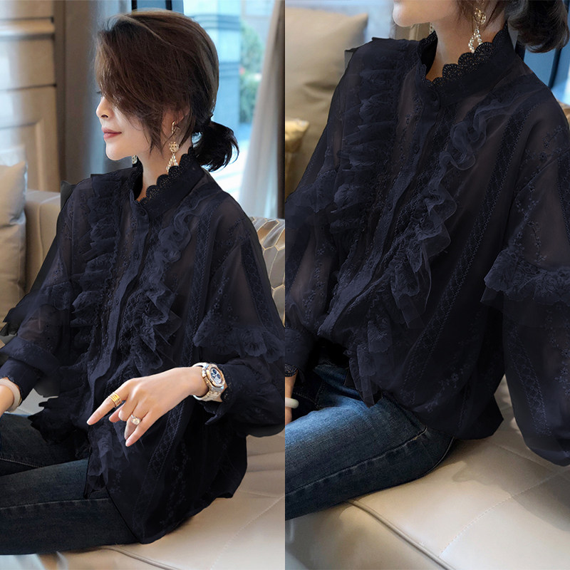 仙气白色女衬衫长袖宽松立领小衫 秋寸蕾丝衫/雪纺衫