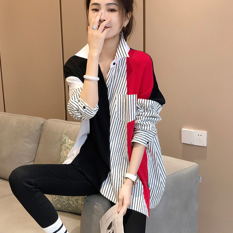 条纹拼接女宽松设计感小众洋气衬衫 秋寸衬衫