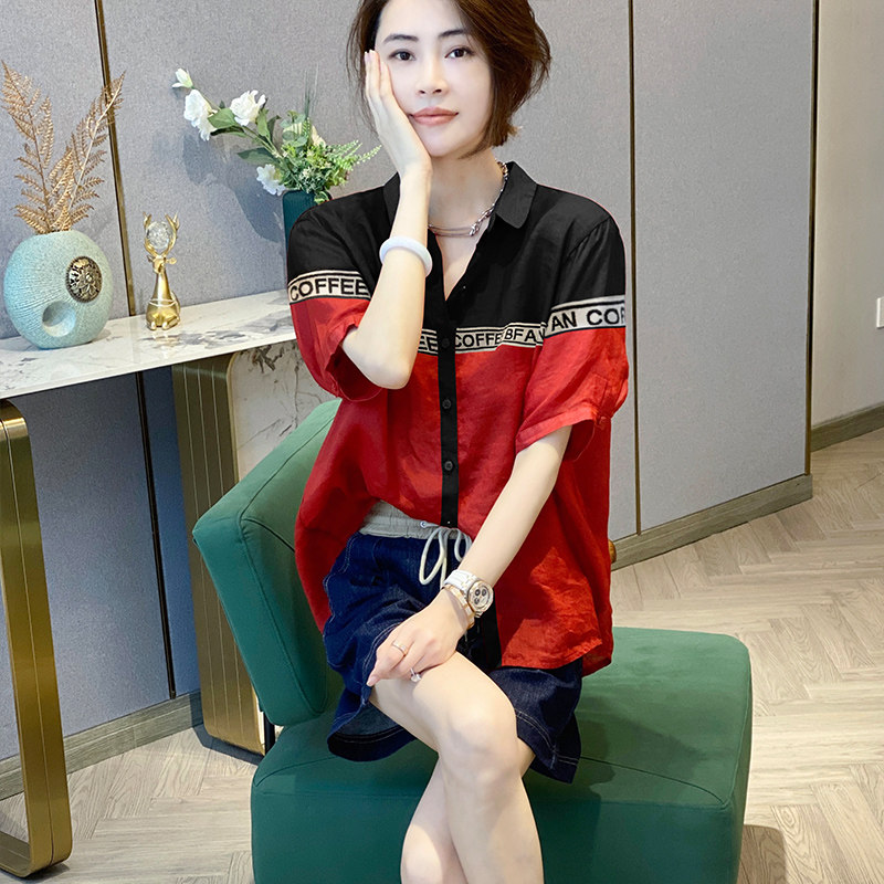 撞色翻领短袖薄款洋气设计感衬衫 秋寸衬衫