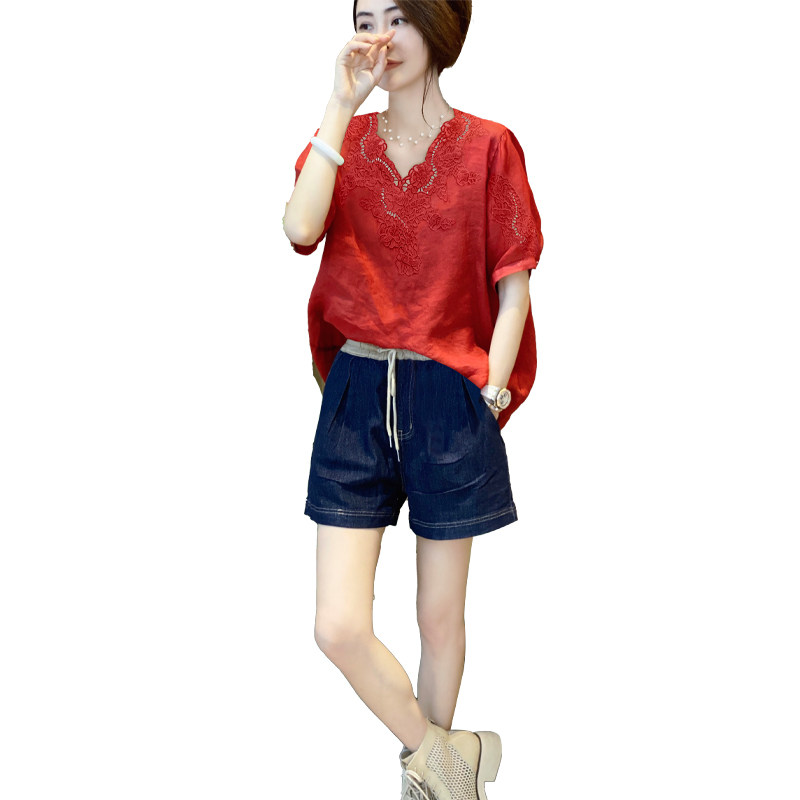 红色蕾丝v领女短袖薄款设计感衬衫 秋寸衬衫