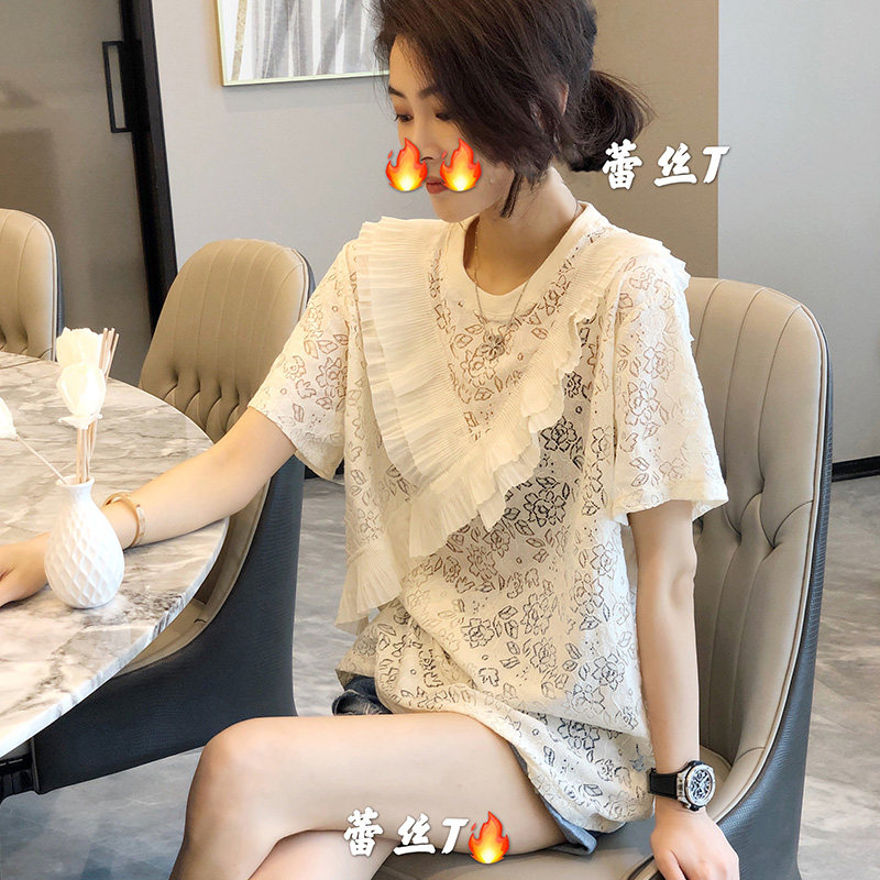 设计感镂空小衫黑色蕾丝ins t恤 秋寸蕾丝衫/雪纺衫