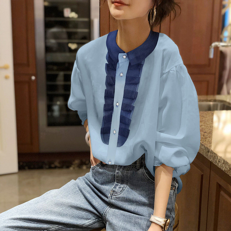 木耳边泡泡袖雪纺蓝色夏季2020衬衫 秋寸衬衫