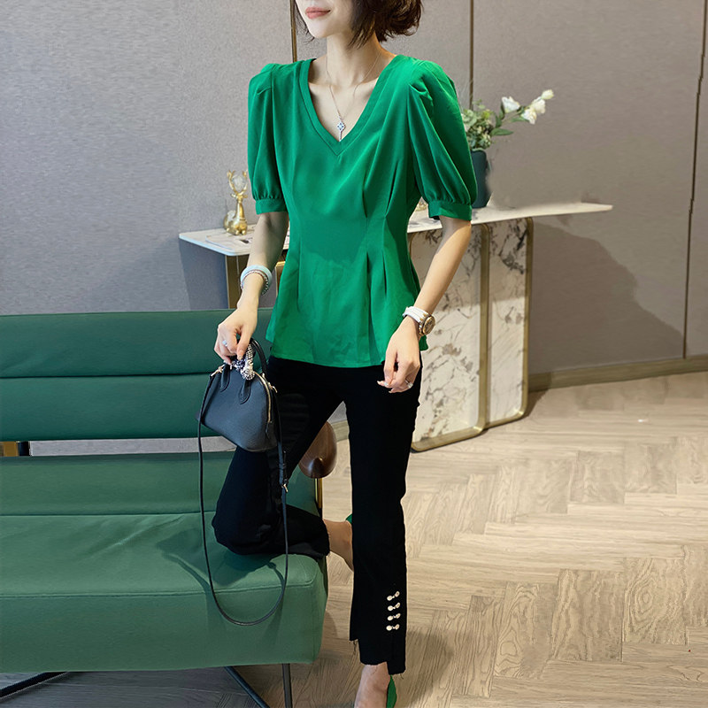 纯色v领泡泡袖雪纺小洋气收腰衬衫 秋寸衬衫