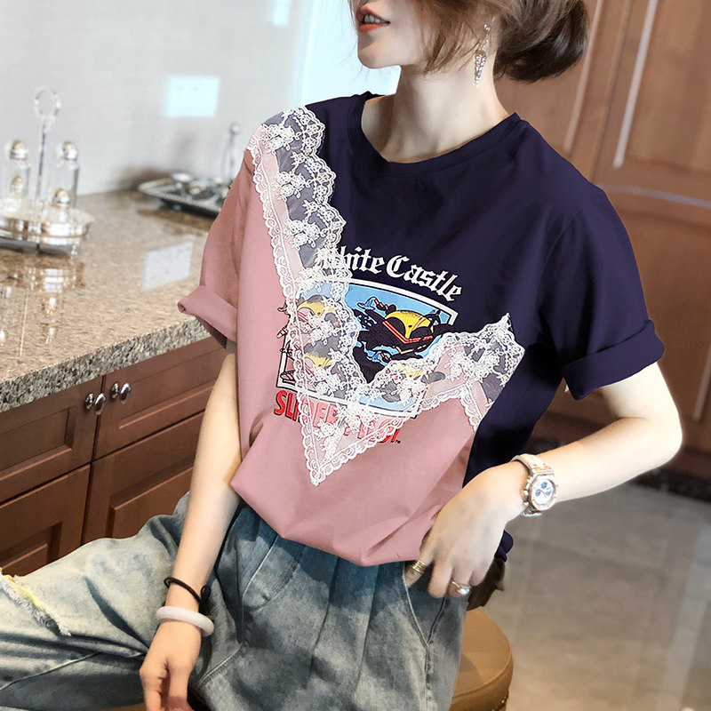 蕾丝短袖拼接设计感印花夏季t恤 秋寸T恤