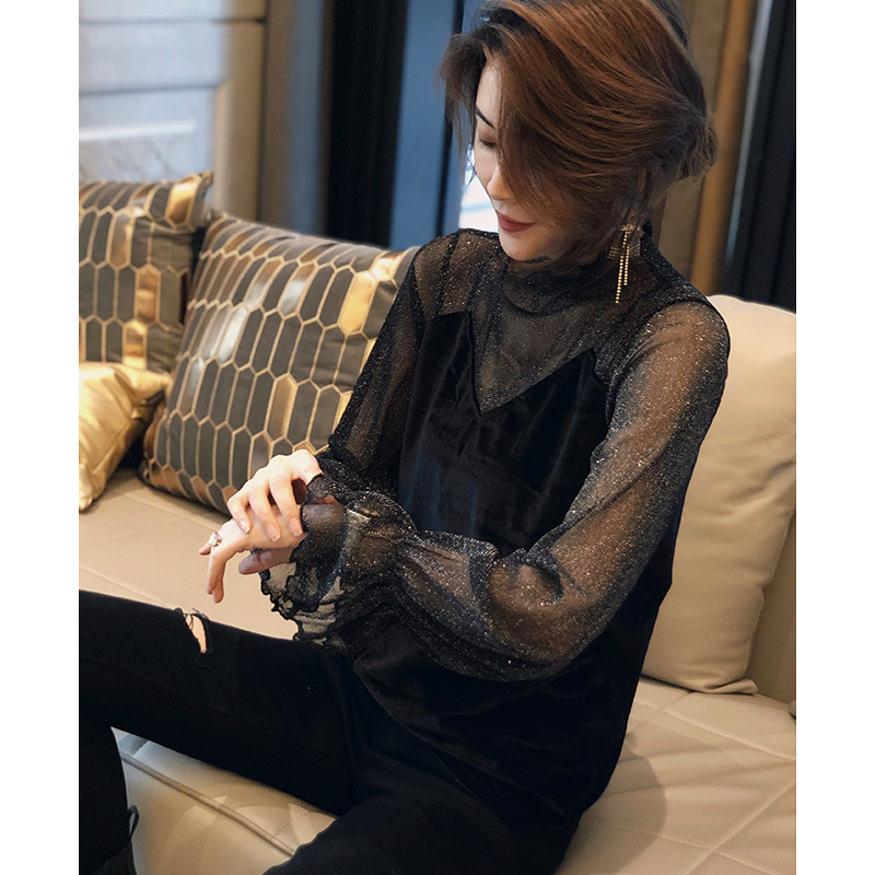 性感微透黑色蕾丝衫女时尚洋气小衫 秋寸蕾丝衫/雪纺衫