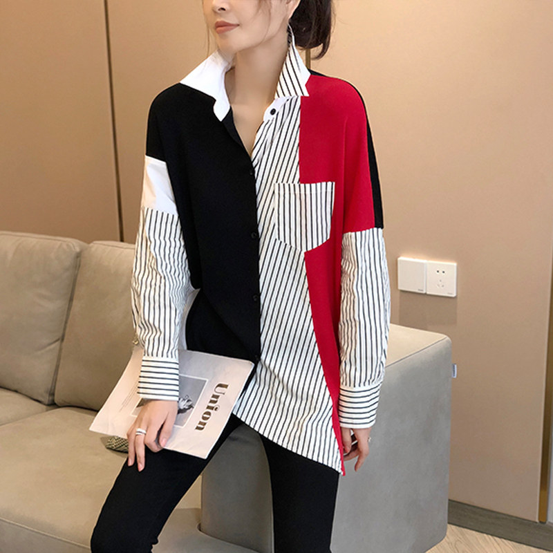 条纹拼接女宽松设计感小众洋气衬衫 秋寸衬衫