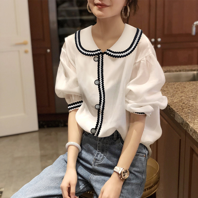 港风白色短袖夏季雪纺泡泡袖衬衫 秋寸衬衫