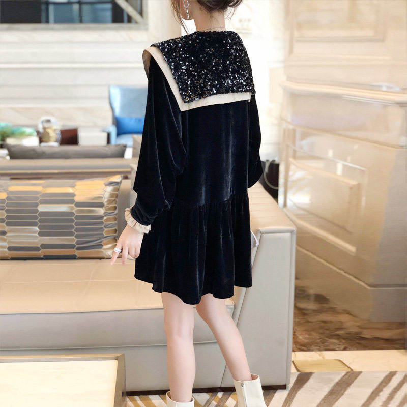 小黑色丝绒娃娃领长袖秋冬连衣裙 秋寸连衣裙