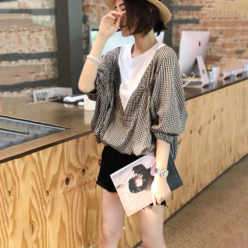假两件格子蝙蝠袖设计感小众衬衫 秋寸衬衫