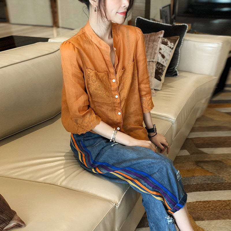 橘色蕾丝棉麻薄款七分袖设计感衬衫 秋寸衬衫