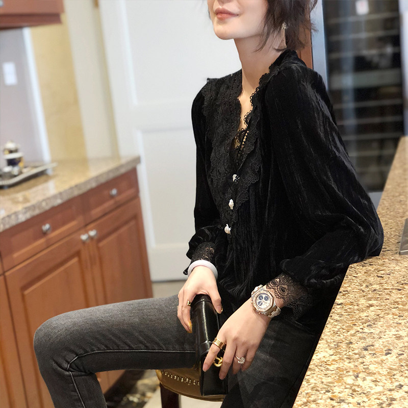 优雅v领小衫白色蕾丝长袖2020衬衫 秋寸蕾丝衫/雪纺衫