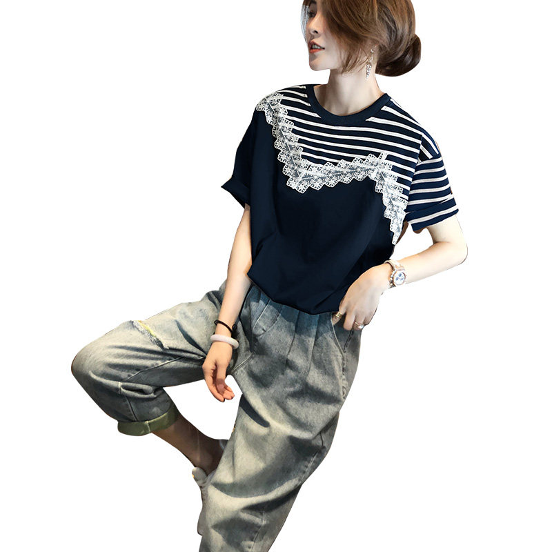 条纹短袖设计感蕾丝短款体恤衫t恤 秋寸T恤