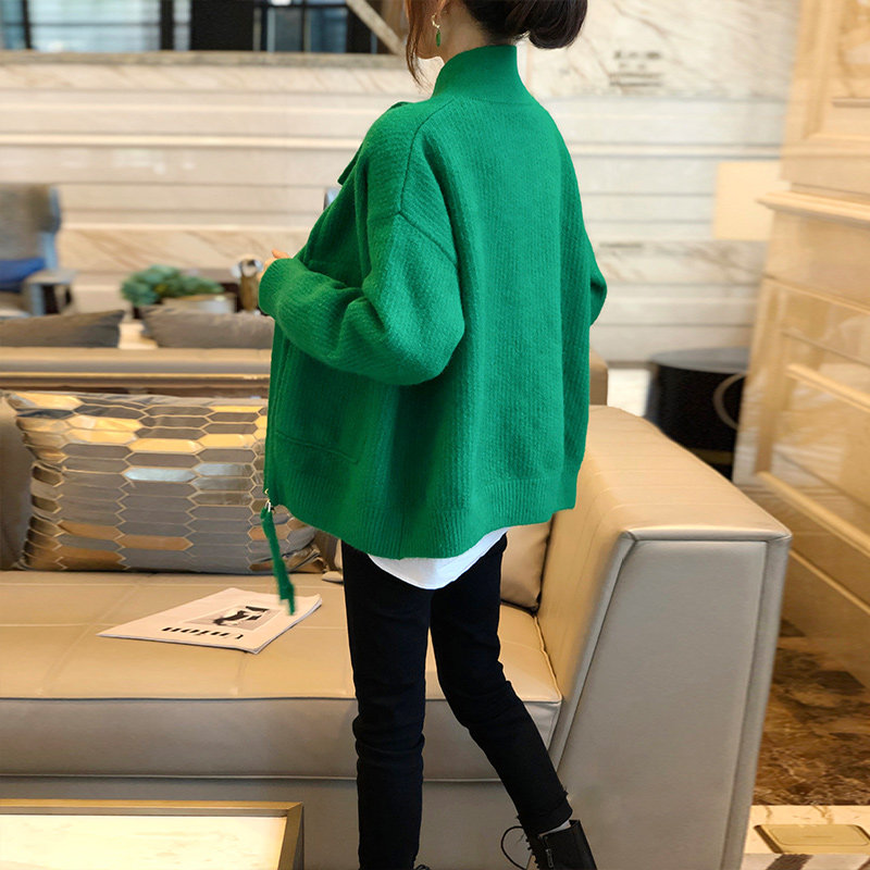 欧货磨毛绒外套爆款宽松绿色毛衣 秋寸短外套