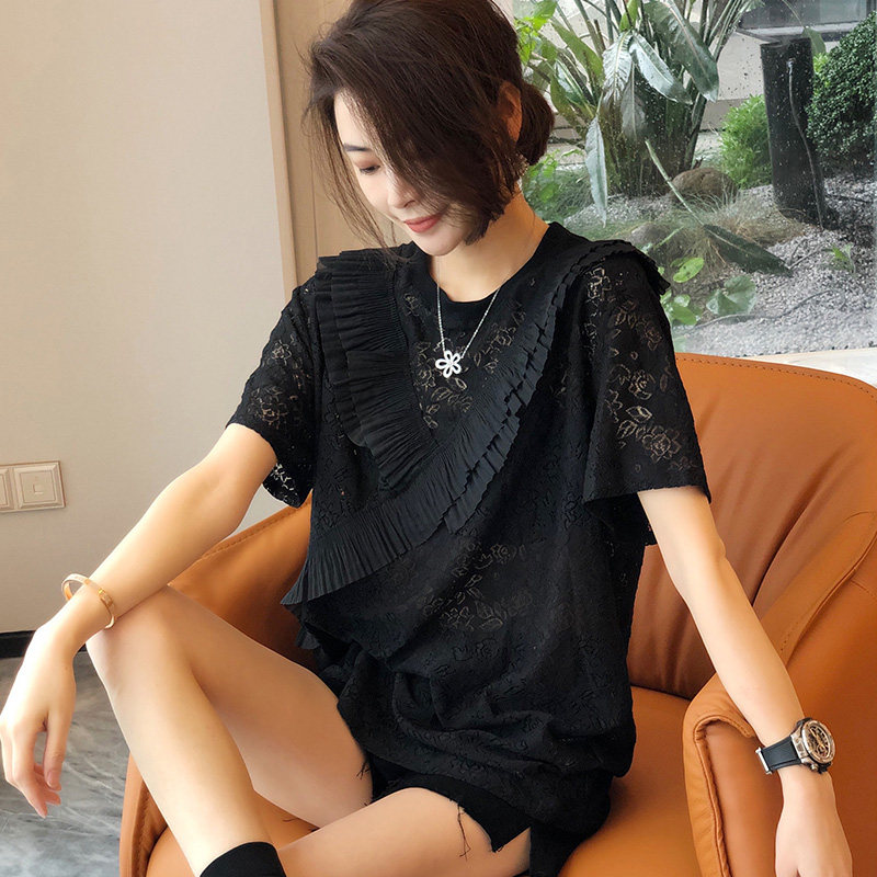 设计感镂空小衫黑色蕾丝ins t恤 秋寸蕾丝衫/雪纺衫