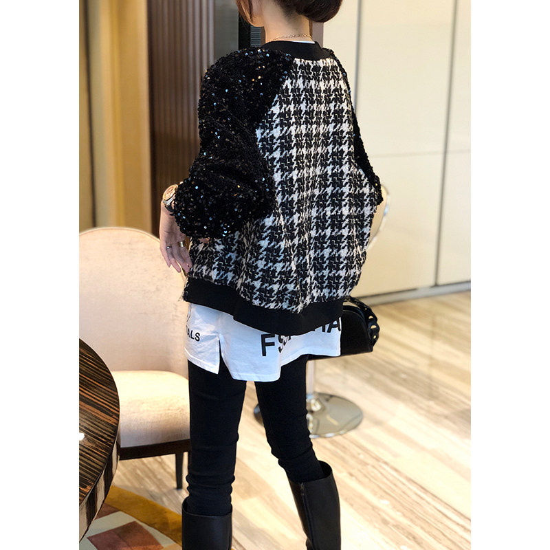 黑色格子短款棒球服女洋气秋装夹克 秋寸短外套